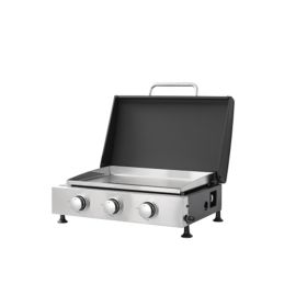 3Burner Propane Gas Grill And SS Plancha  2in1 BBQ & Griddle, Cast Iron Grate, Enamel Body, Compatible With 16oz Camping Tanks & 20lbs Backyard Tanks,