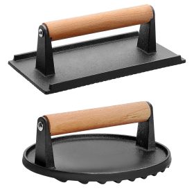 2Pcs Cast Iron Grill-1Pc Rectangular & 1Pc Round Press Pre-Seasoned Steak Weights Smash Burger Press Bacon Meat Smasher With Wood Handle 7in Round & 8