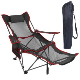 1Pc Foldable Camping Chair 330LBS Load Heavy Duty Steel Lawn Chair Collapsible Chair With Reclining Backrest Angle Cup Holder Pillow Side Pocket Carry (Color: Black)