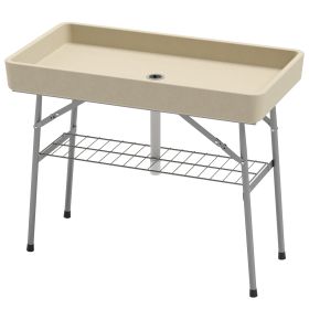 3.4ft Folding Ice Cooler Table With Drain, Fill And Chill Table Outdoor Table Cooler With Storage Shelf, Drink Cooler For Parties Picnic BBQ Camping W (Color: Beige)