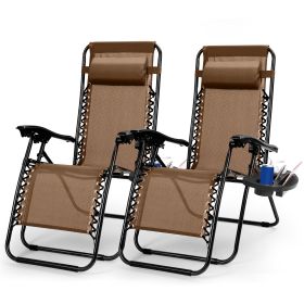 2Packs Zero Gravity Lounge Chair With Dual Side Tray Stress Relief Pillow 330lbs Max Load Per Chair Foldable For Patio Poolside Beach Fedex Shipping (Color: Brown)